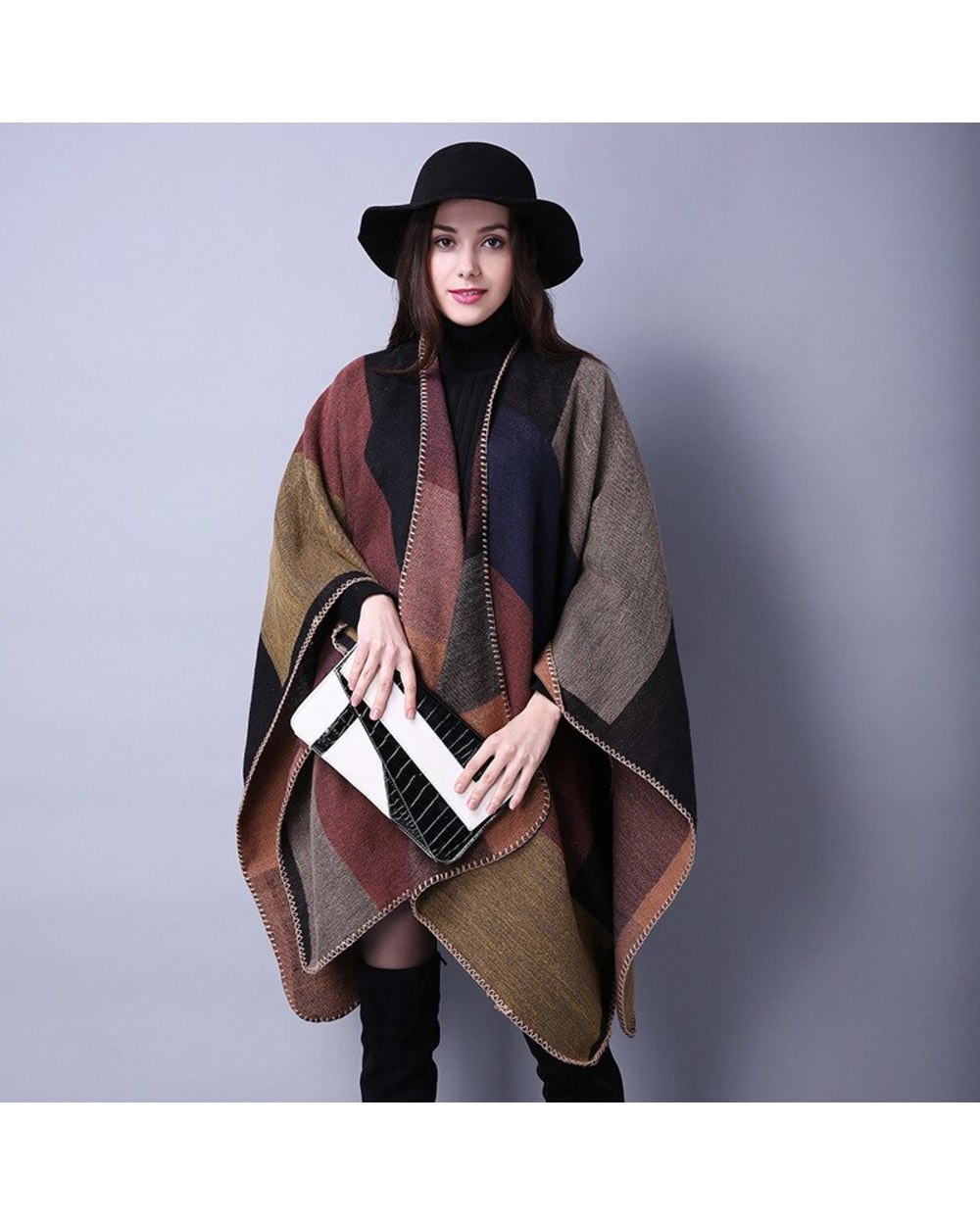 Johnature Women Vintage Poncho Wraps Imitation Wool Cotton Thick Cloak 2021 Autumn Winter New Patchwork Fashion Women front-2