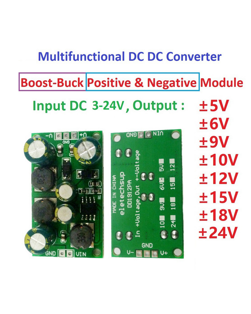 2 In 1 8W Boost-Buck Dual +- Voltage Board 3-24V To 5V 6V 9V 10V 12V 15V 18V 24V For Adc Dac Lcd Op-Amp Speaker front-0