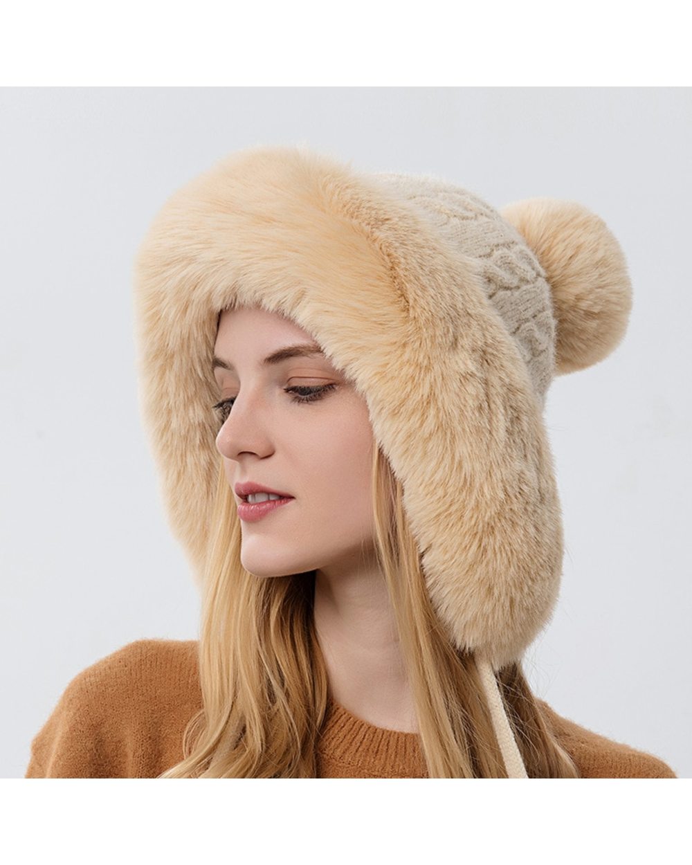 Winter Warm Knitted Hat Fur Women Hat With Earflap Two Balls Lady Outdoor Thicken Plush Fluffy Cap Russian Hats For Wom front-4
