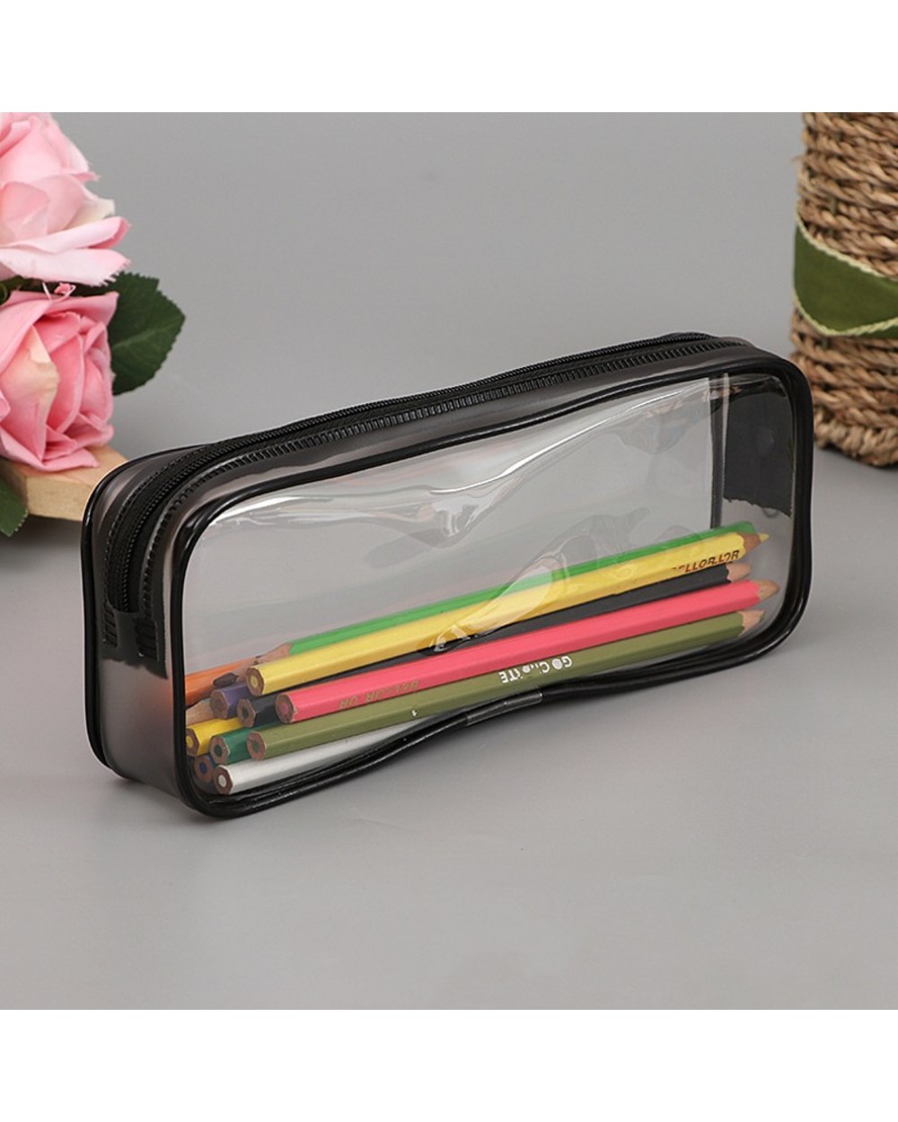 New Transparent Pvc Pencil Bag Canvas Flower 20Cm Stationery Storage Pencil Case Waterproof Pencil Pouch School Student front-0