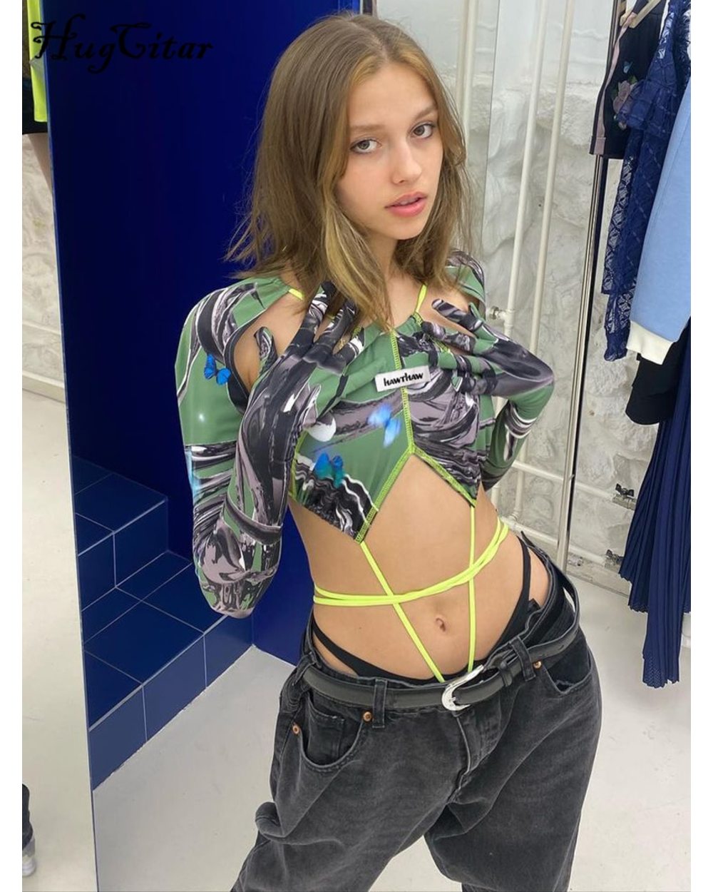 Women's Crop Top Long Sleeve With Gloves 2022 Autumn Streetwear Outfit Fashion Y2K Party Wearing front-2