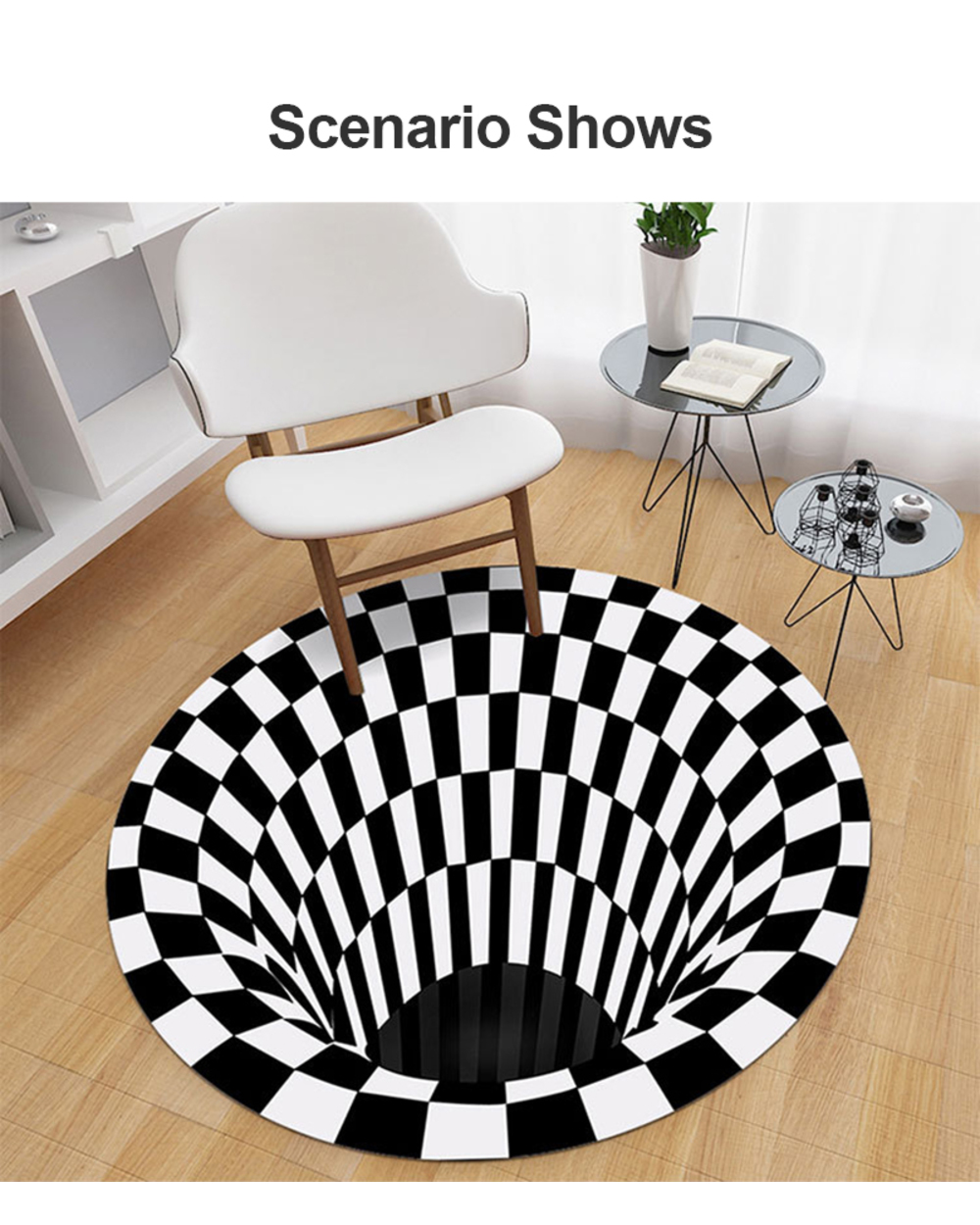 Vortex Illusion Rug 3D Trap Effect Bottomless Hole Carpet Round Black White Grid Room Bedroom Anti-Slip Floor Mats Fash front-3
