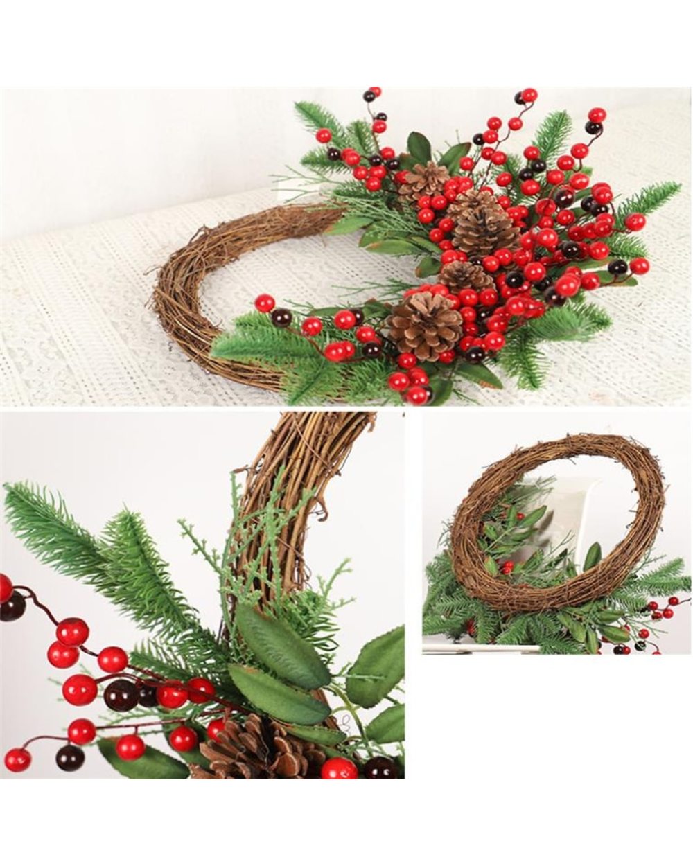 Christmas Rattan Wreath Pine Natural Branches Berries&Pine cones for DIY Christmas Wreath Supplies Home Door Decoration front-2