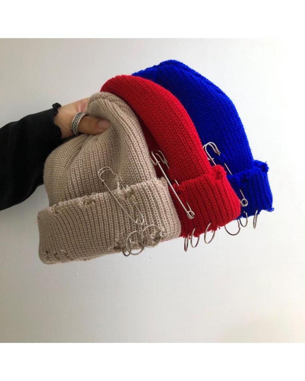 New Hip Hop Knitted Hat Women Metal Ring Brimless Unisex Basic With Ripped Holes Cap Female Stretch Hats Women Men Bonn front-1