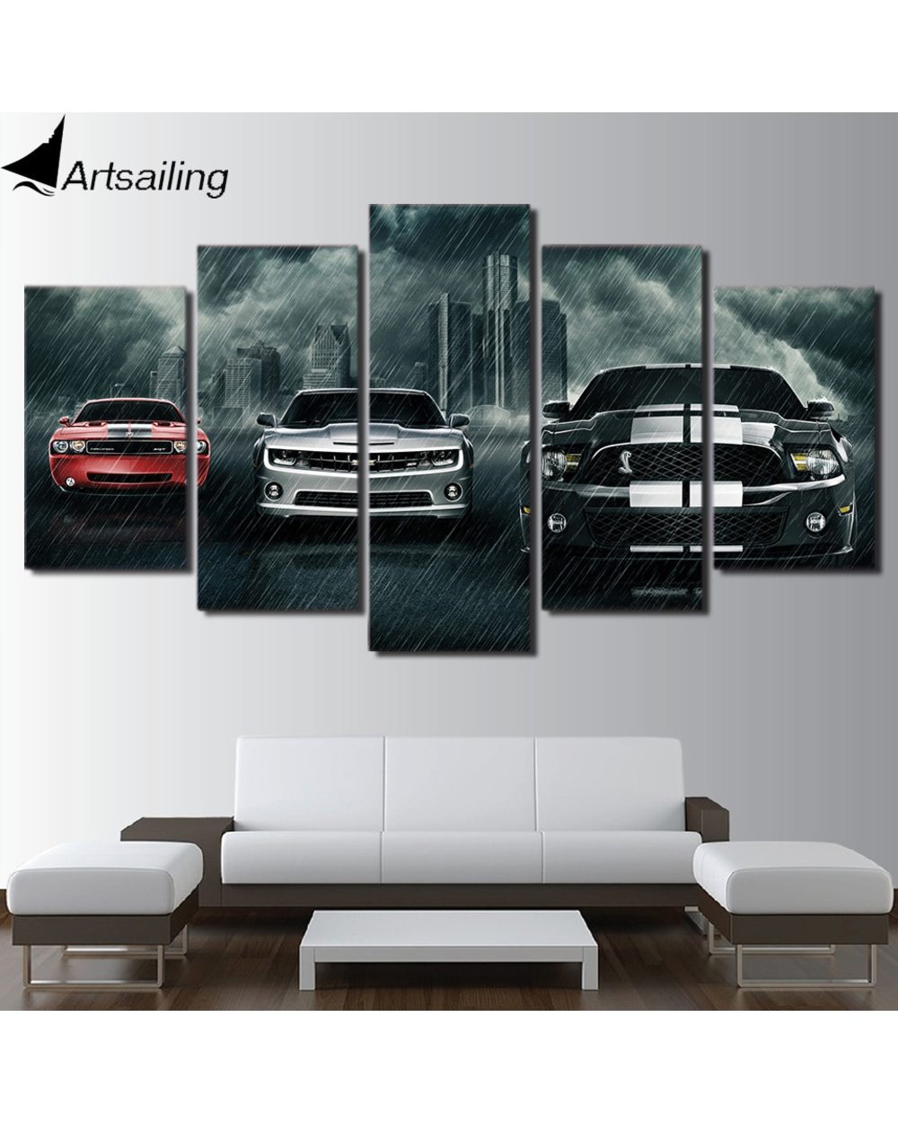 Muscle Sport Cars Black White and Red Picture Car 5 Panel Canvas Art Wall Decor front-4