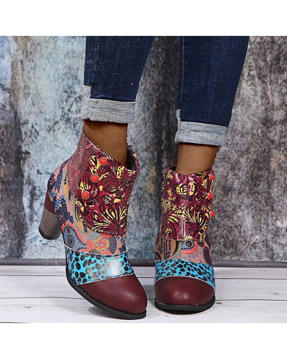 Bohemian Female Martin Boots Women Casual Retro Ethnic Wind Printing High Heels Shoes front-4