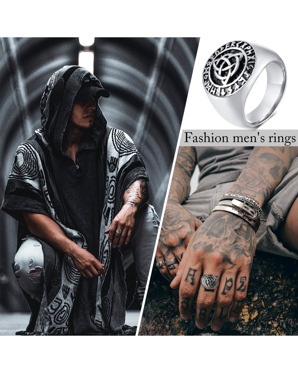 Celtic Triple Knot Rune Signet Ring Men Viking Jewelry front-2