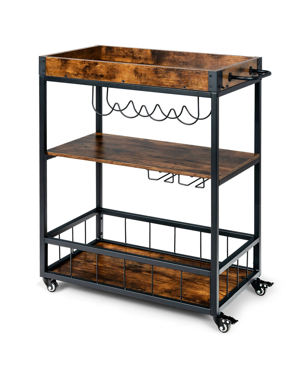3-Tier Rolling Kitchen Bar Cart Serving Trolley Wine Rack Removable Tray front-0