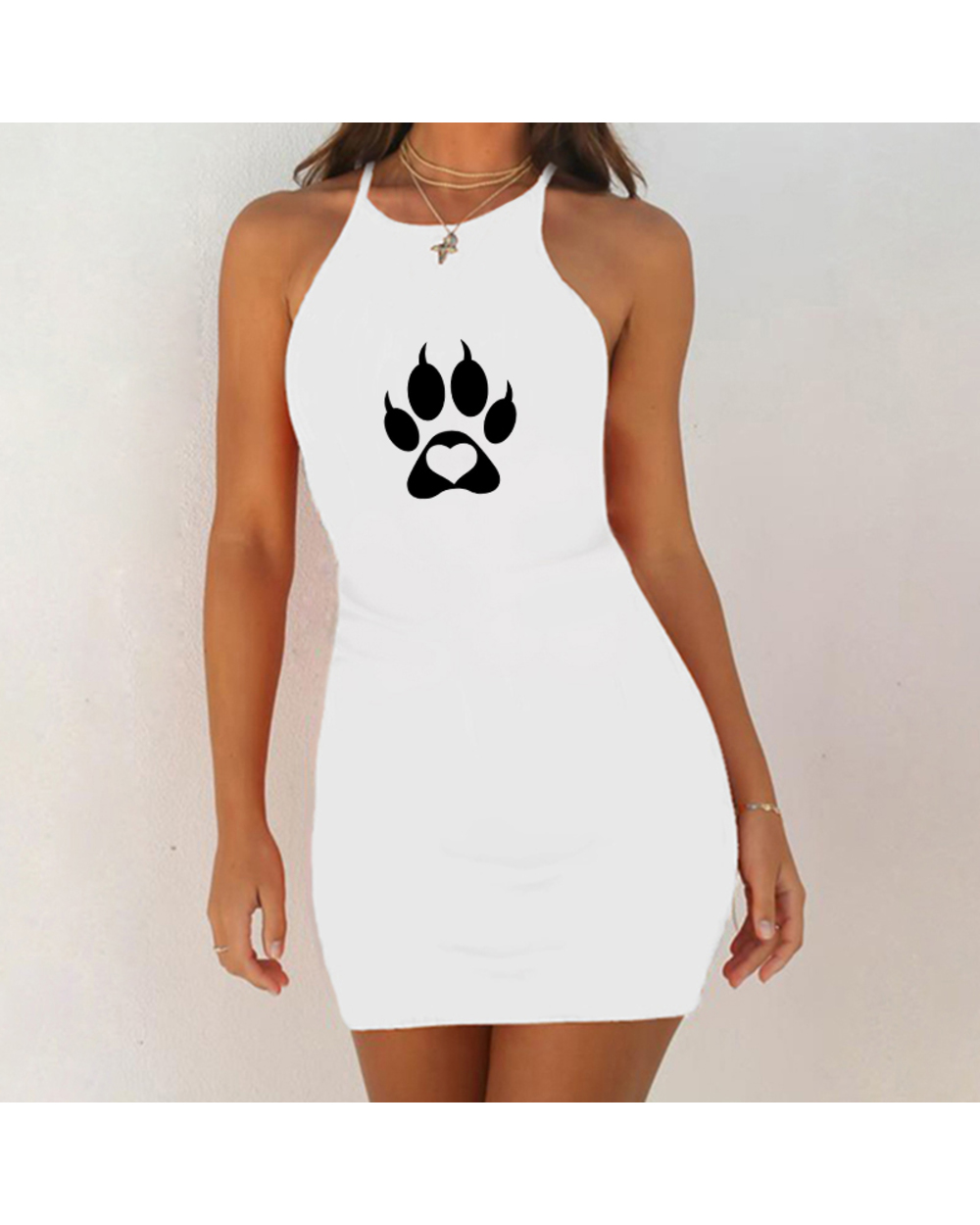 New Women Sexy Night Dress Nightgown Love Dog Paw Print Slim Pack Hip Sleeveless Sleepshirts Nightie Sleepwear front-3