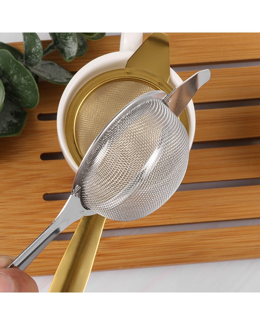 Reusable Fine Tea Strainer Filters Teapot Infuser With Handle front-2