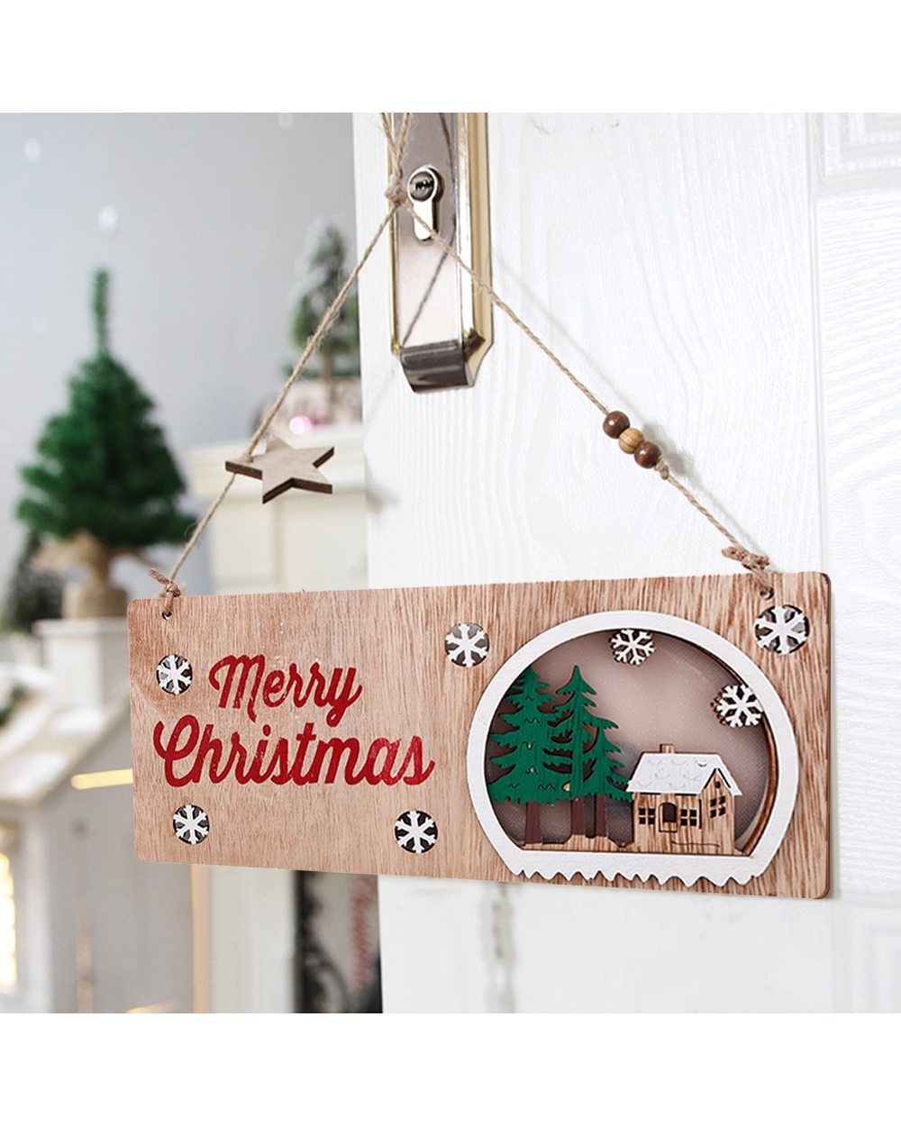 1pc Merry Christmas Wooden Door Hanging Light Pendant Natural Wall Ornament Xmas Tree LED Decoration Home New Year Gift front-0