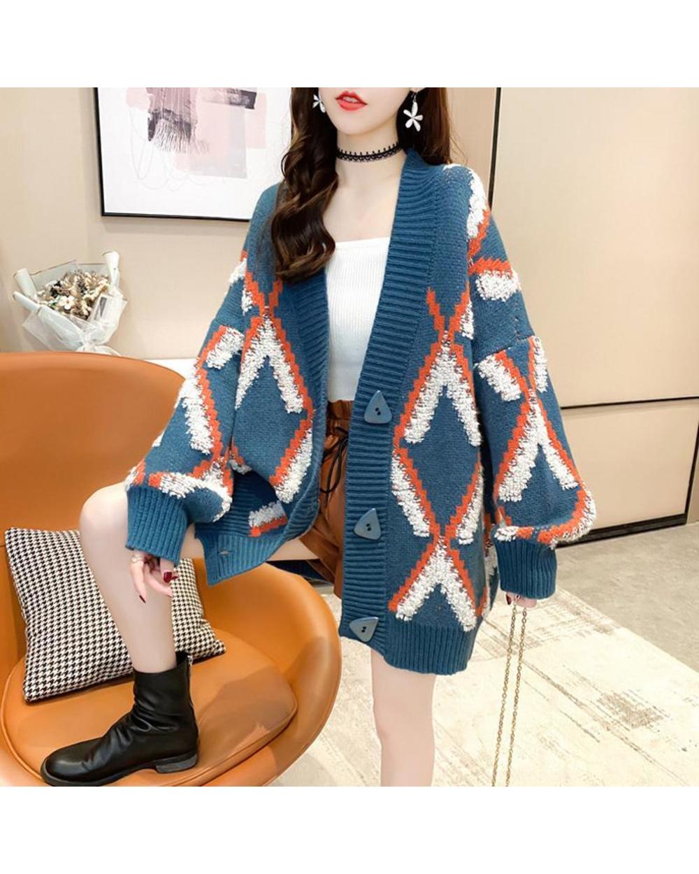Fashion Print Women Cardigans Sweater Korean 2022 Winter New Loose Oversized Long Sleeve Knitted Lady Argyle Sweaters front-1