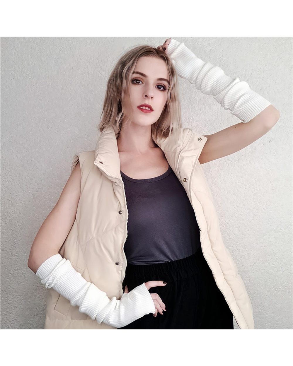 Sparsil Mittens Women Winter Cashmere Blend Knitted Fingerless Punk Long Gloves Y2k Gothic Wool Glove Arm Warmer Withou front-1