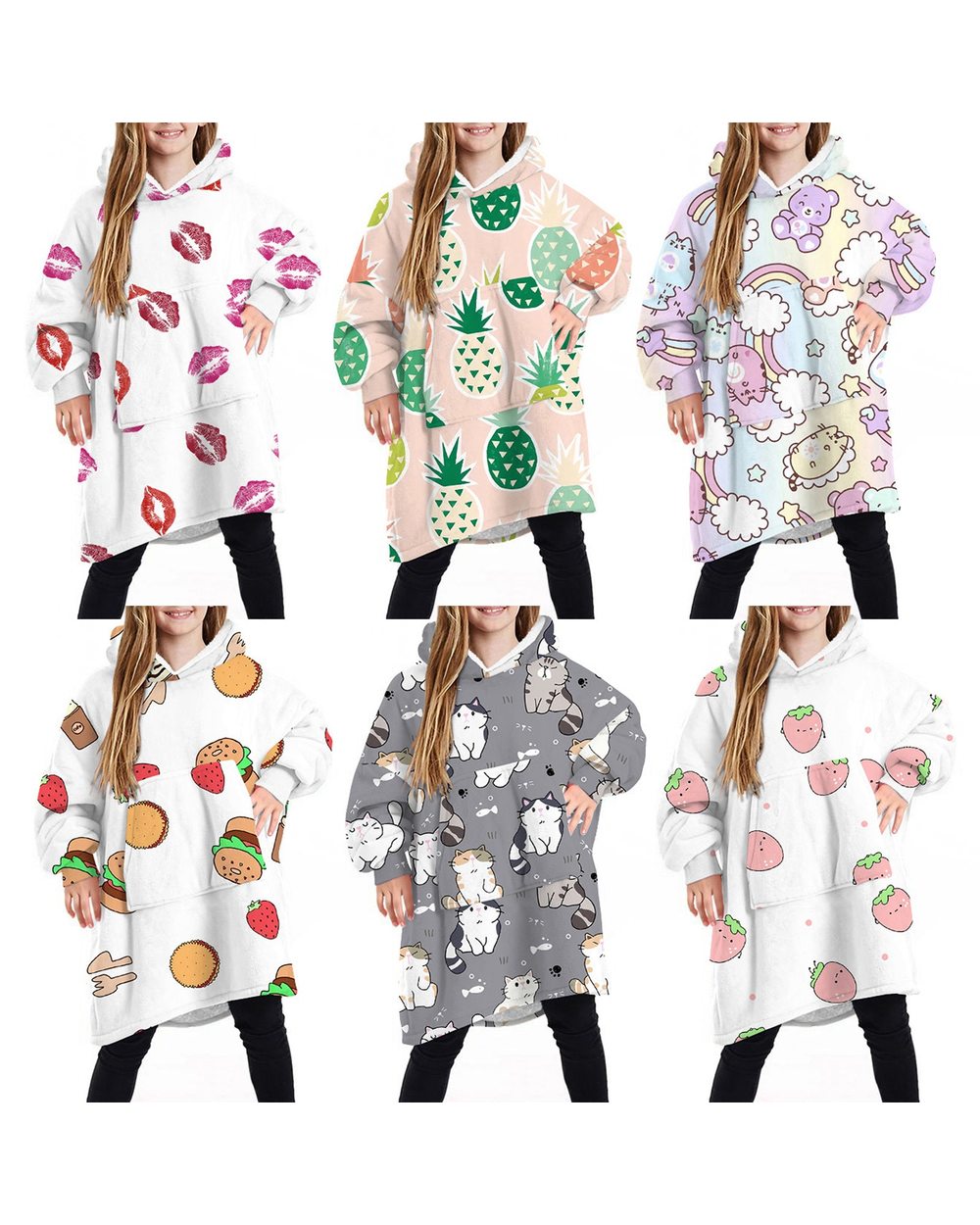 Children Kids Teen Girls Boys Fleece Hooded Wearable Blanket Pullover Sweatshirt Warmth Wool Blanket Hoodie Sweatshirt front-0