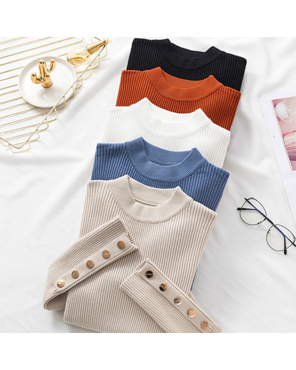 Autumn winter women thick sweater pullovers long sleeve button o-neck chic Sweater Female Slim knit top soft jumper tops front-1