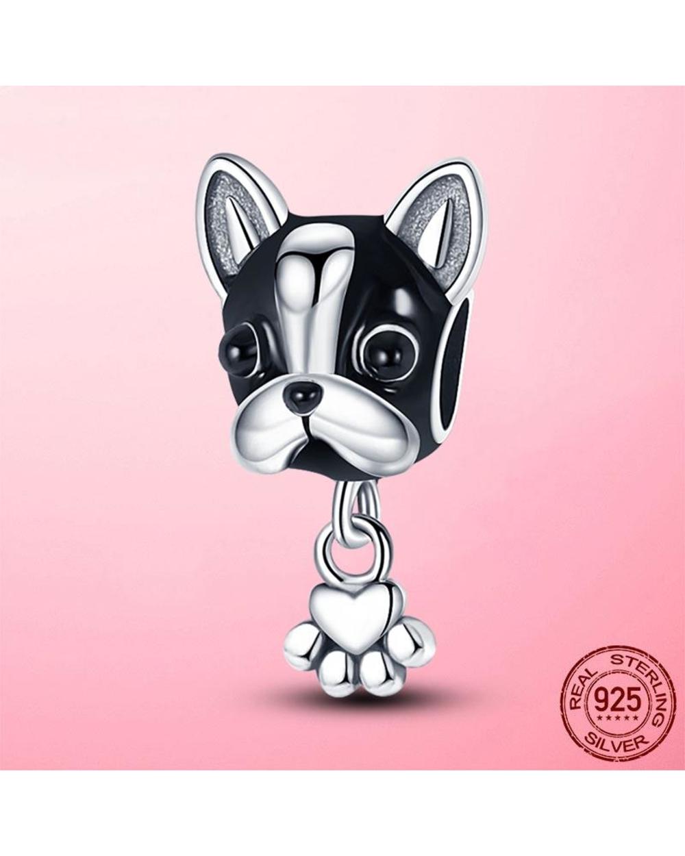 Bulldog Dangle Charm Silver Color Dog Footprint Beads fit Pandora Bracelet front-0