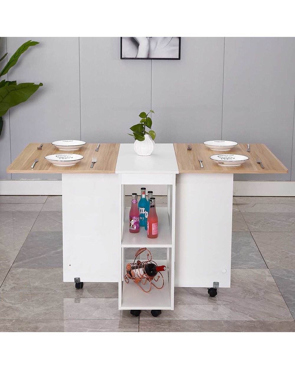3 in 1 Rolling Dining Table Set Kitchen Storage Trolley