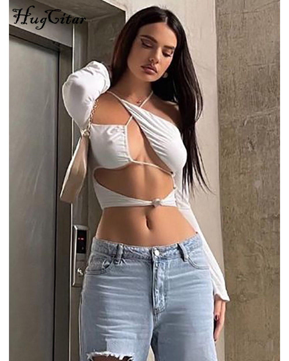Hugcitar Women Pure Halter Bandage Drawstring Crop Top 2022 Fall Streetwear Outfit Fashion Y2K Party front-1