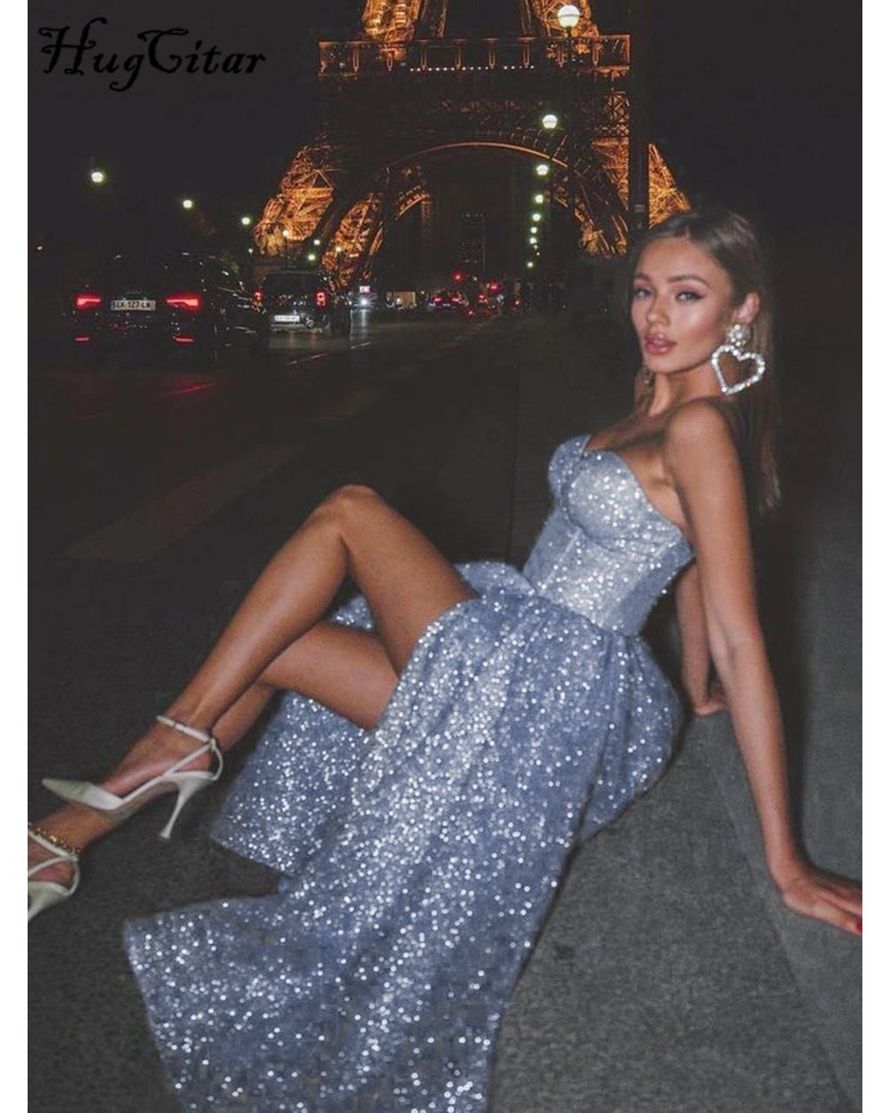 Women's Dress Shine Strapless Fit And Flare Princess Dress 2022 Fall Evening Party Elegant Vestido front-2