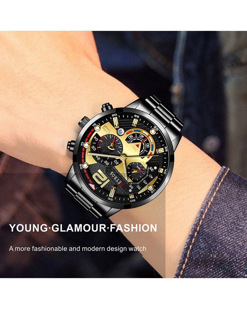 Watch Luxury Gold Stainless Steel Mesh Belt Quartz Watches Business Leather Mens Luminous Clock front-5