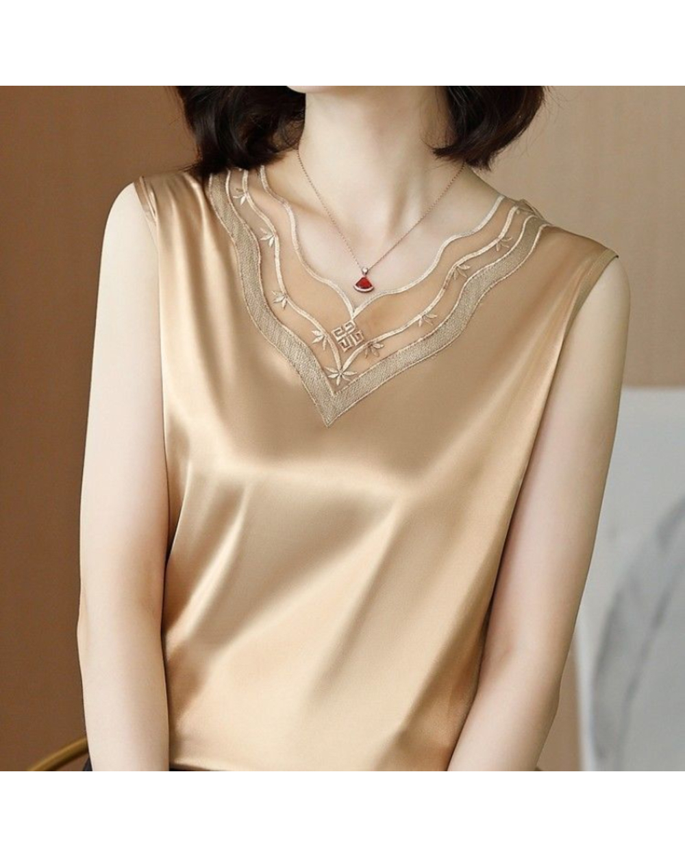 Women Summer Chiffon Tops Shirt Loose Vest Satin Sleeveless Lace V-neck Top Office Lady Blouse front-2