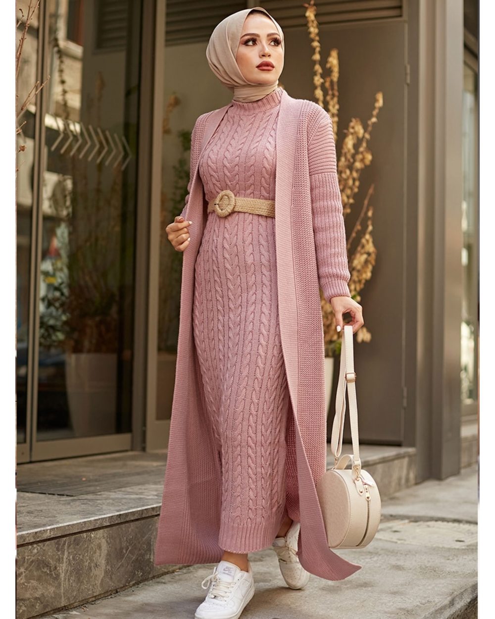 Women Dress Autumn Winter 2 Piece Hijab Knitwear Suit Islamic Muslim Clothing Long Cardigan Model front-0