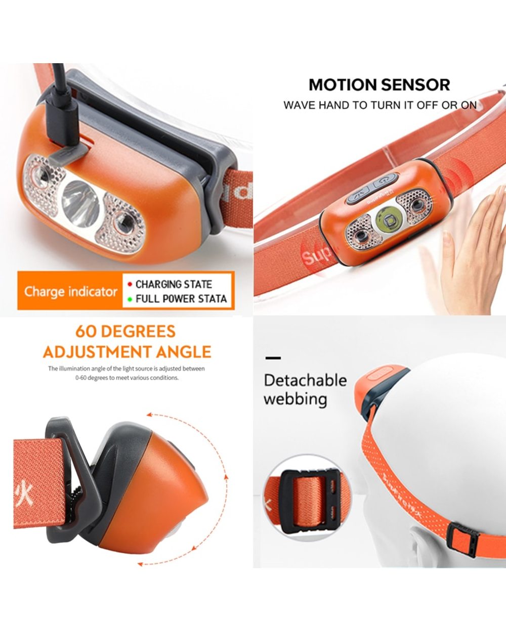 Best SupFire Mini Cree LED Headlamp With Motion Sensor USB Rechargeable front-3