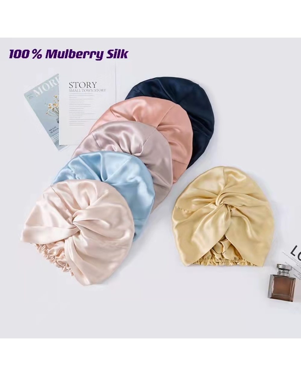 100 Mulberry Silk Turban Bonnets For Women Twisted Sleeping Night Cap 19 Momme Pure Silk Hair Wrap Cap For Curly Ladies front-2