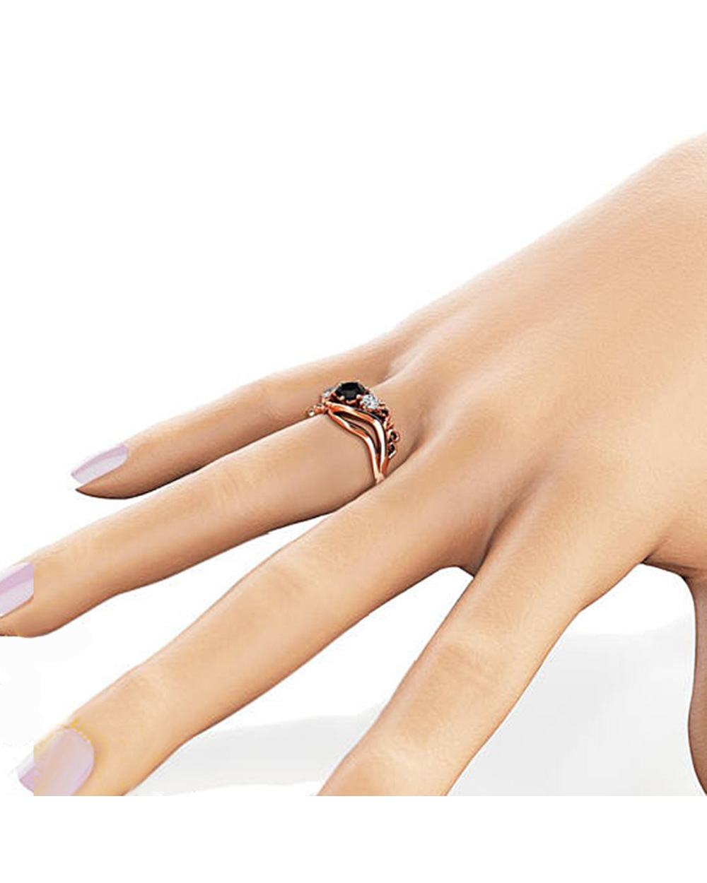 Huitan Witch Ring Unique Black Stone Prong Setting Twist Band Design Rose Gold Color Women Engagement Finger Rings Whole front-3