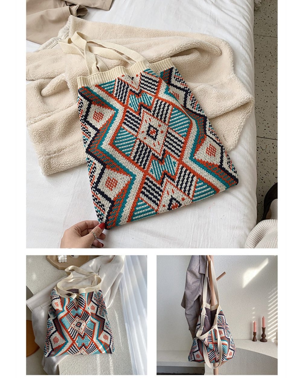 Tote Bag Lady Knitting Gypsy Bohemian Boho Chic Aztec front-2