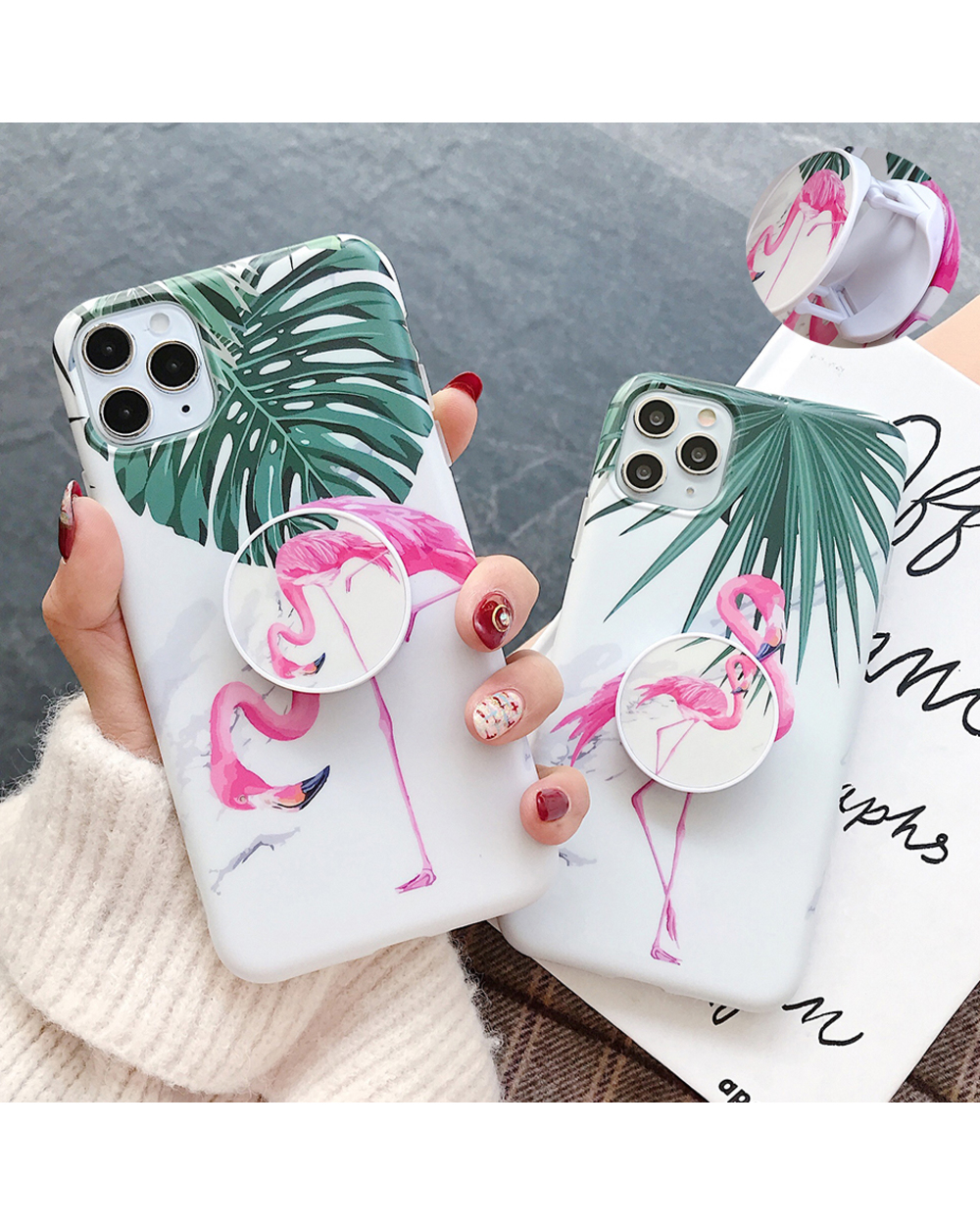 Lovecom Flamingo Banana Leaf Phone Case With Holder For 12 11 Pro Max Xr X Xs Max 7 8 Plus Soft Imd Matte Back Cover front-0