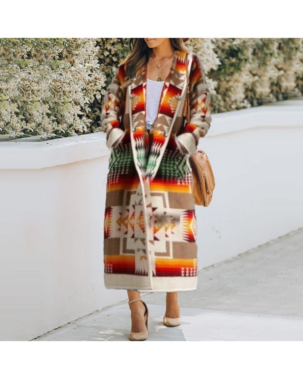 Women Elegant Geometric Print Hooded Coats Fashion Button Pocket Warm Long Cardigan Mujer Autumn Winter Vintage front-0
