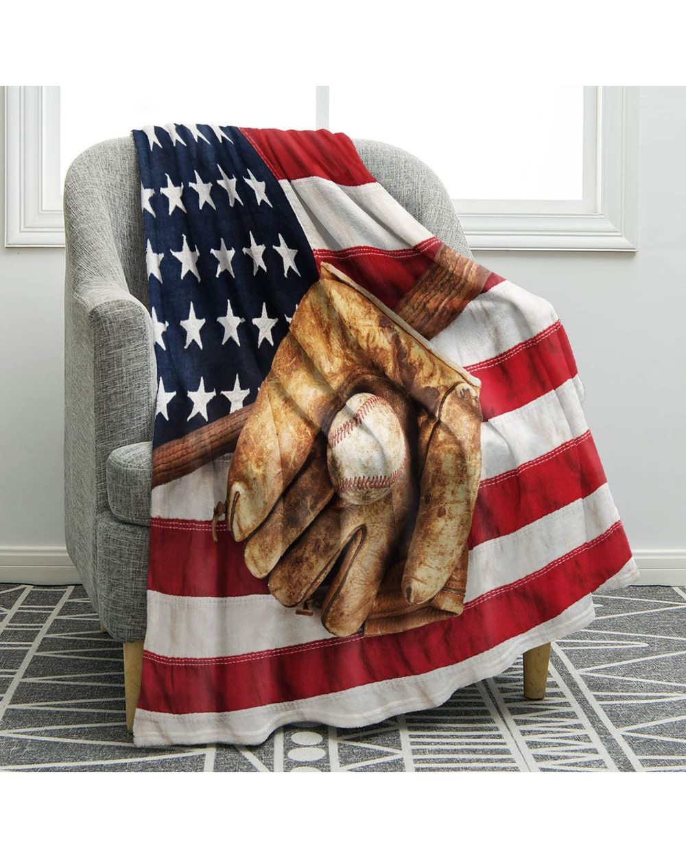 Vintage Baseball Sport American Flag Soft Warm Print American Throw Blanket for Adults Gift front-0