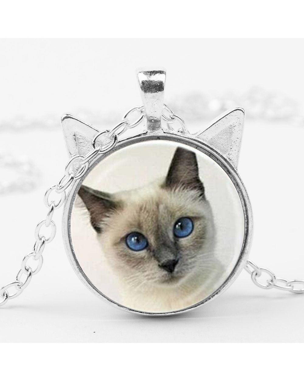 Ragdoll Cat Necklace Art Photo Glass Cabochon Cat Ear Pendant Long Chain Necklace Pet Lover Women Men Jewelry Souvenir front-1