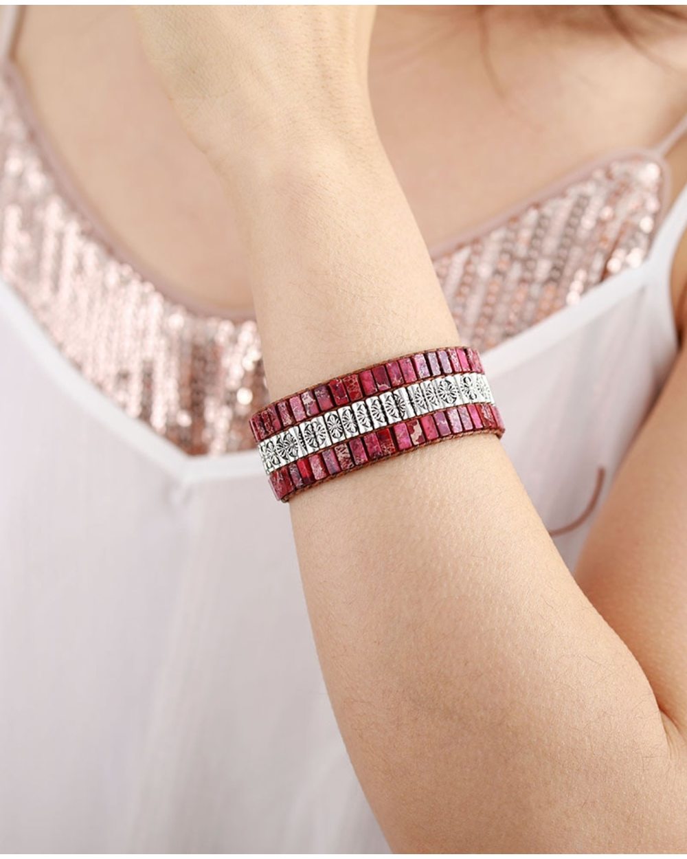 Handmade Wrap Bracelet Turquoises Antique Metal Beads Weaving Wristband Bracelet Teengirls Jewelry Gifts for Women front-3