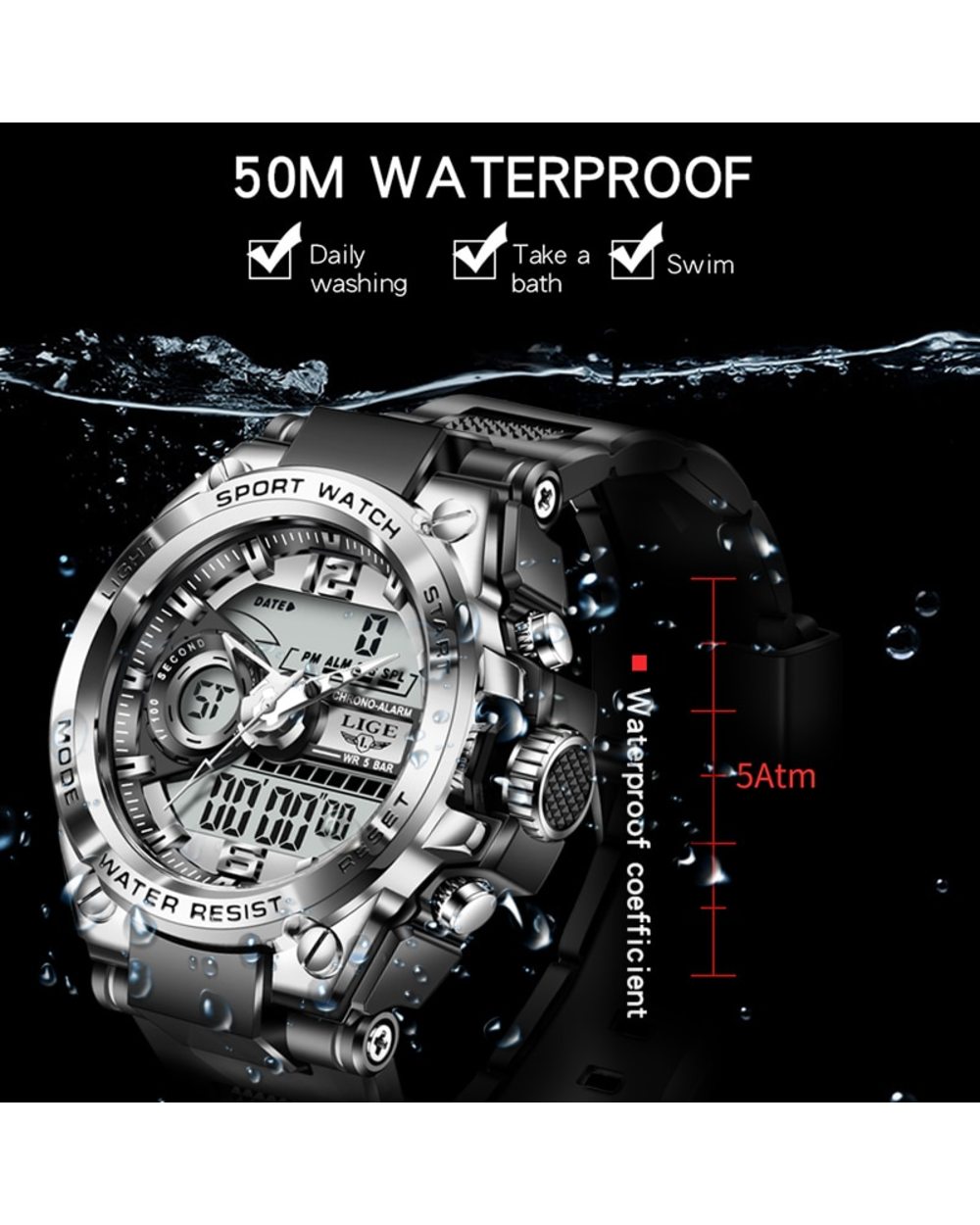LIGE Sport Men Quartz Digital Watch Creative Diving Watches Men Waterproof Alarm Watch Dual Display Clock front-3