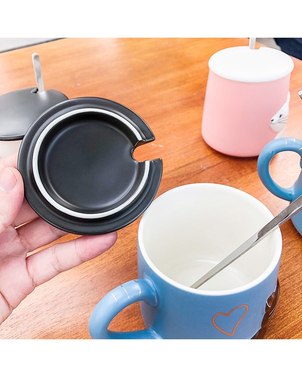 Cat Cups Couple Ceramic Mugs with lid spoon Married Couples Morning Mug Milk Coffee Tea Valentines Day front-3