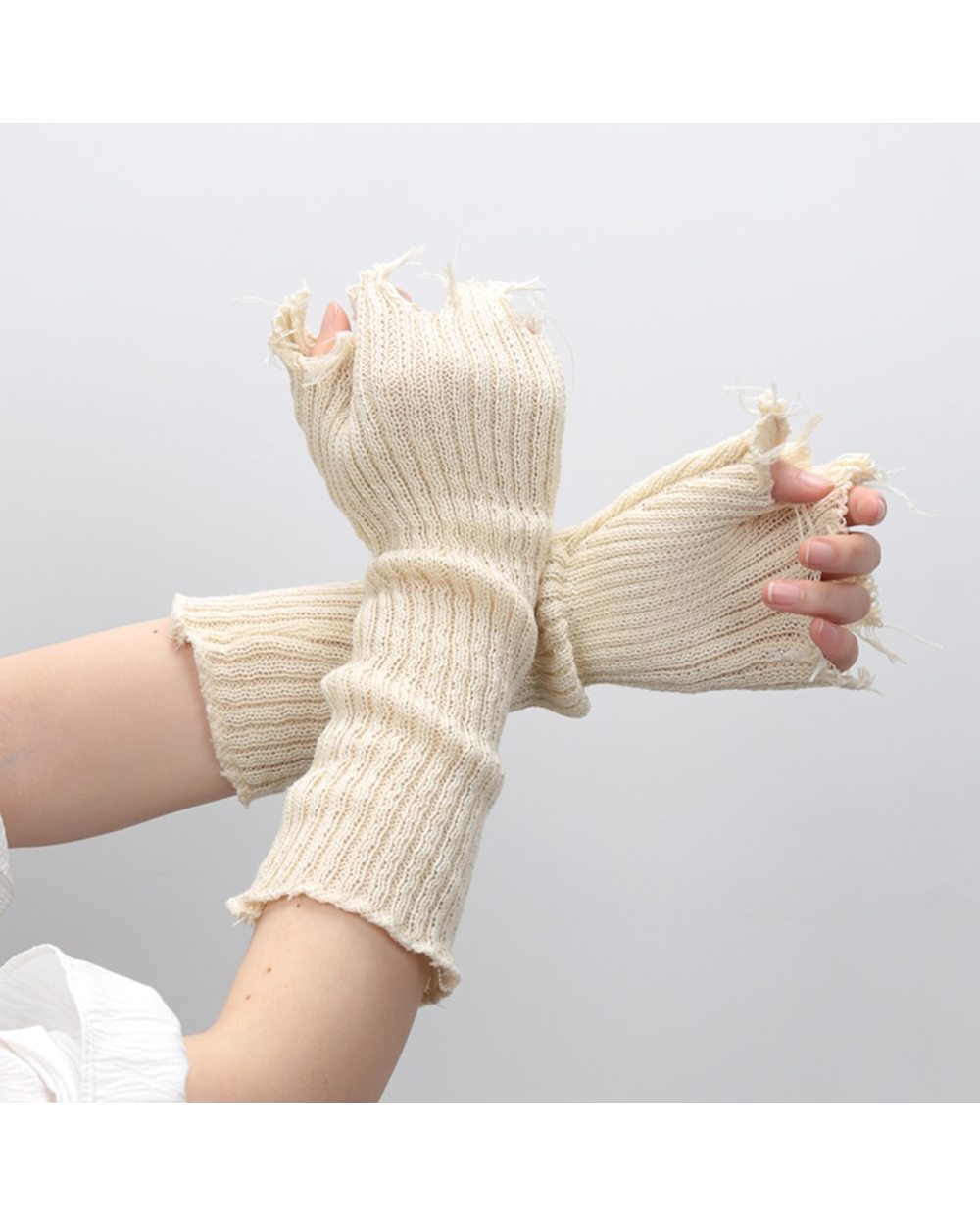 1Pair Black Tattered Punk Unisex Fingerless Cuff Knit Gloves Women Men Elbow Length Mittens Broken Stretch Arm Warmer G front-5