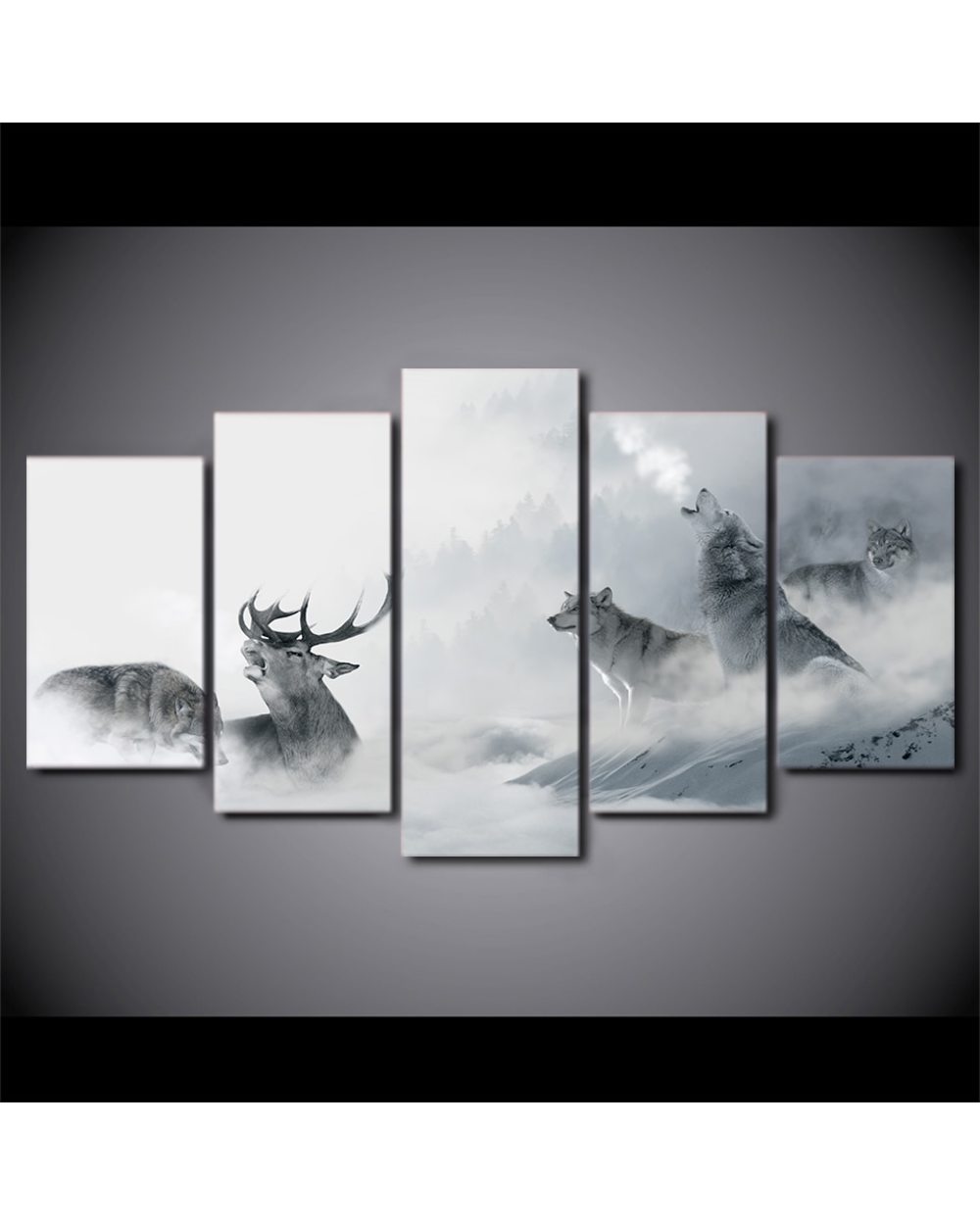 Howling Wolf Group Confronting Deer in Snow Picture Print Animal 5 Panel Canvas Art Wall Decor front-1