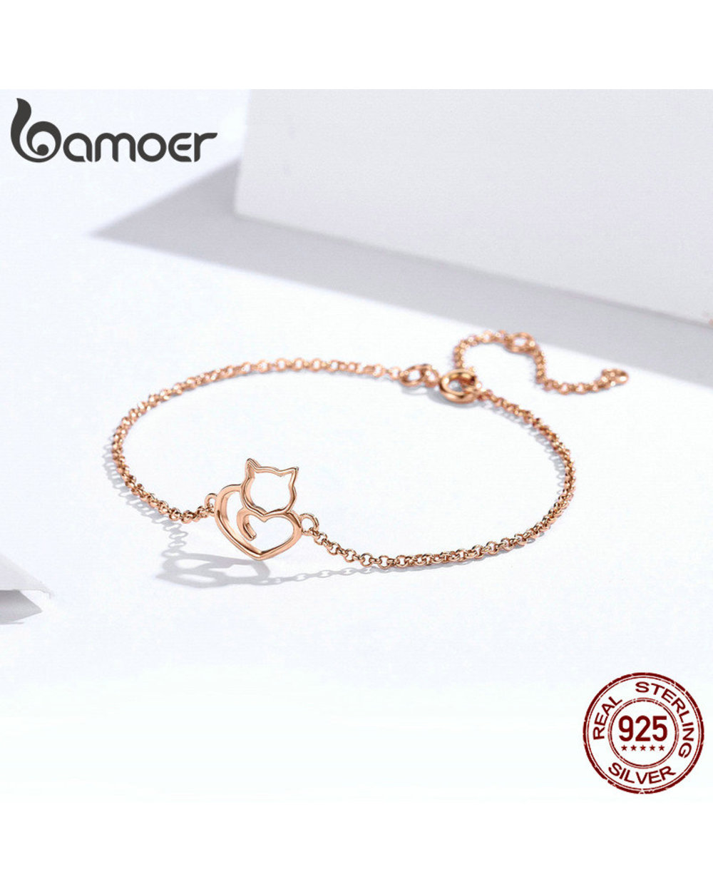 Mainecoon Sterling Silver Cat And Heart Link Chain Bracelets Bangles for Women Authentic Silver Jewelry front-4