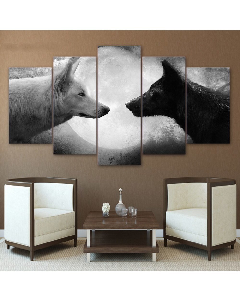 Black And White Wolves Face to Face Moon Picture Animal 5 Panel Canvas Art Wall Decor front-0