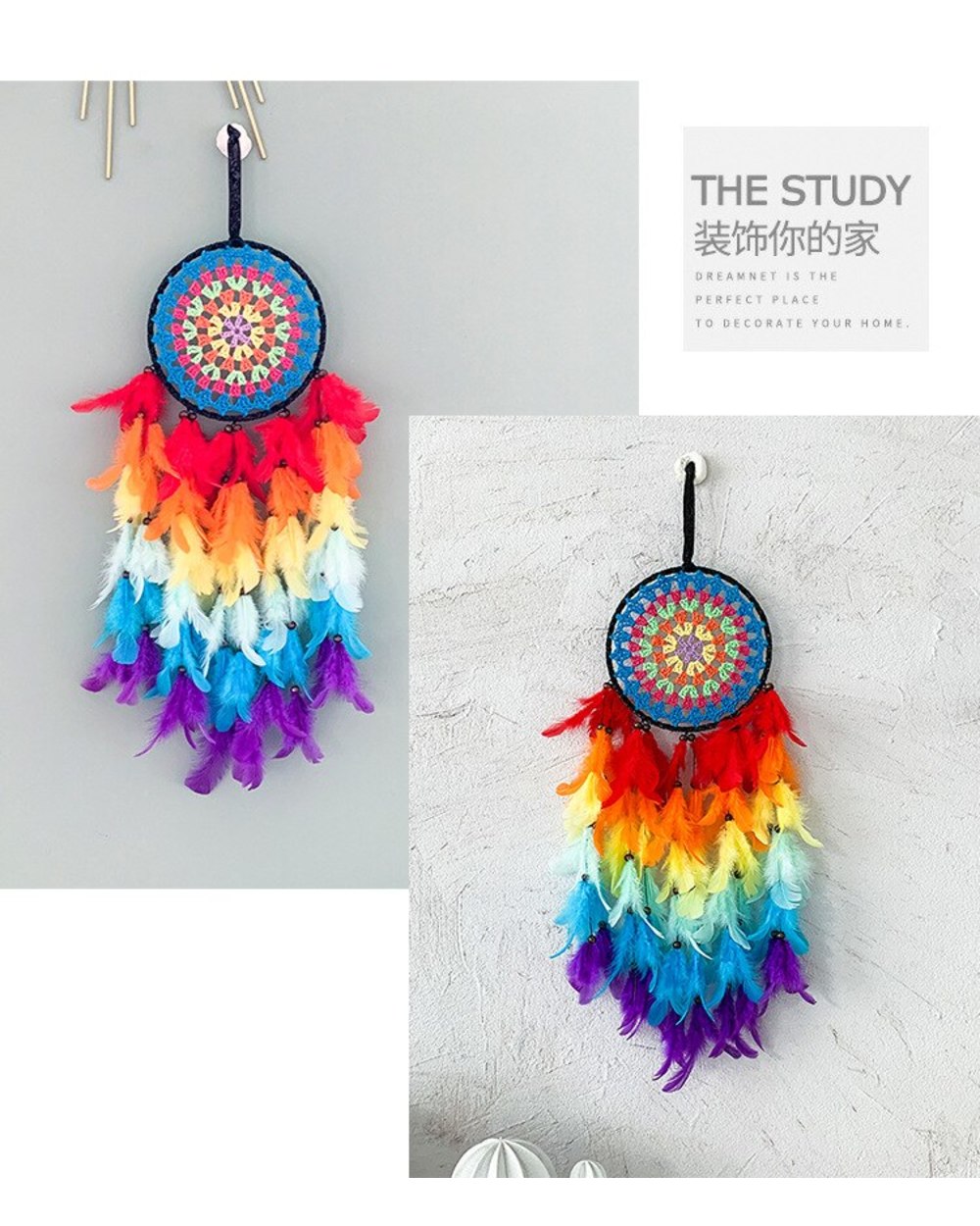 Rainbow Dream Catcher With Natural Feather Boho Home Decor Girls Kids Room Decoration With Light Gift VG06 front-4