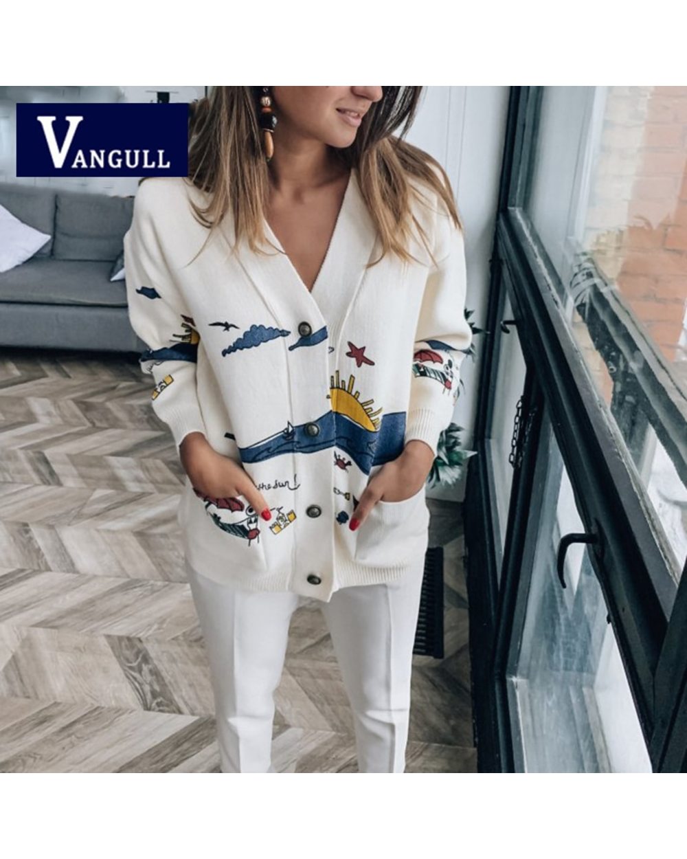 Cartoon Print Knitted Women Sweater Coat 2022 Casual Cute V-neck Single Breasted Pockets Female Cardigan Sweater Tops front-1