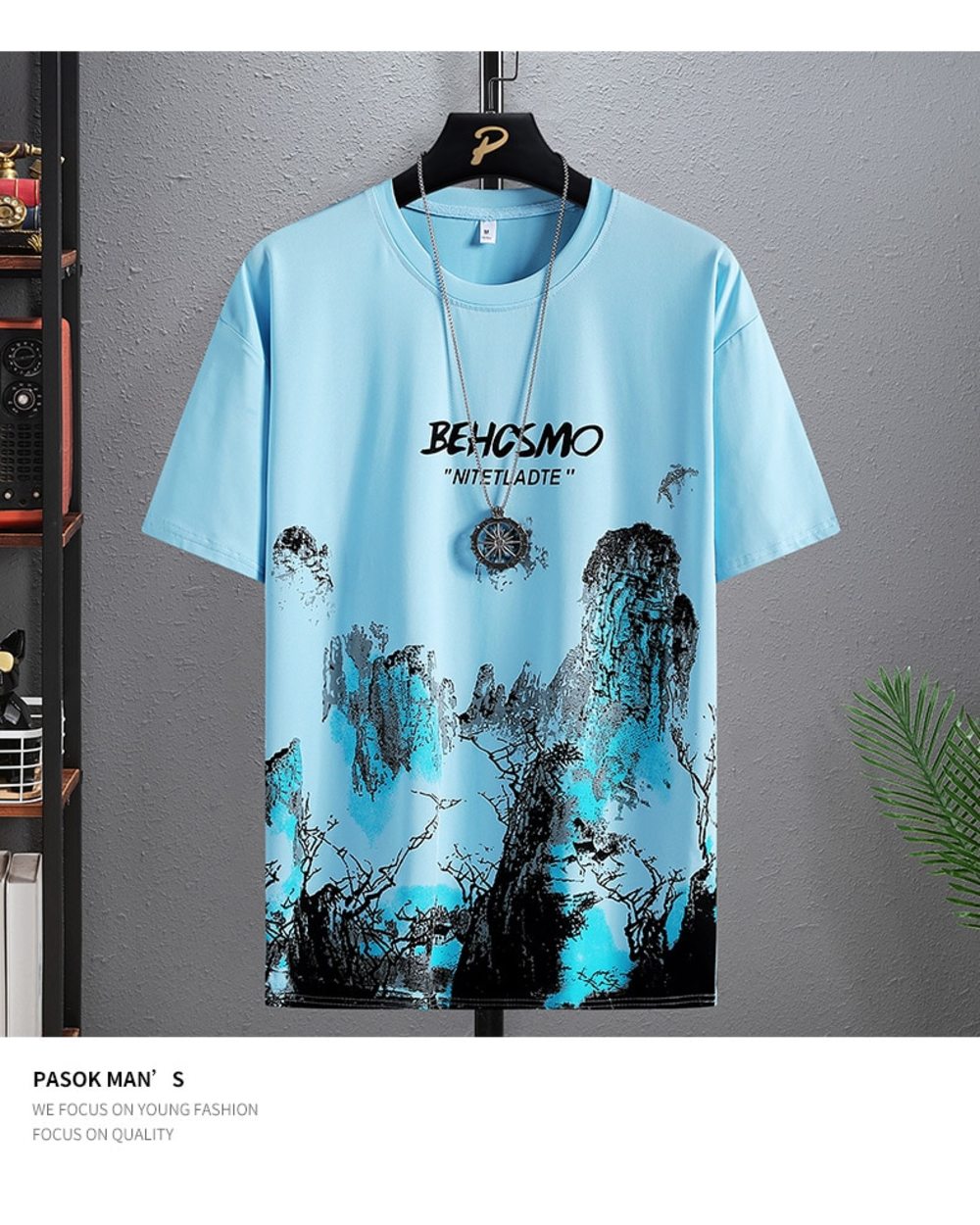 New casual T-shirt classic Chinese landscape painting print pattern round neck fashion hip-hop street lovers short sleev front-2