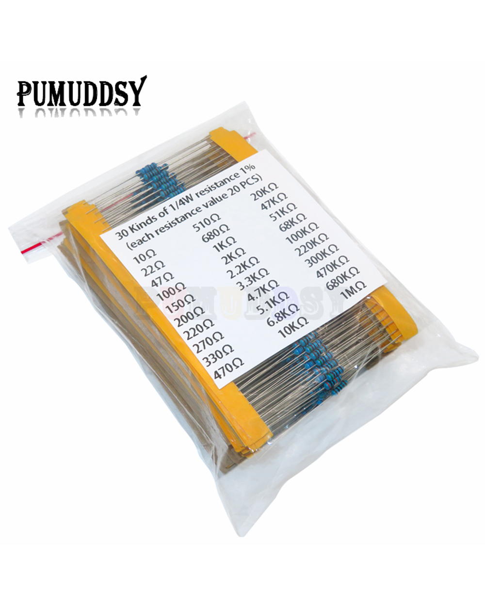 600Pcs/Set 30 Kinds 1/4W Resistance 1% Metal Film Resistor Pack Assorted Kit 1K 10K 100K 220Ohm 1M Resistors 300Pcs/Set front-0