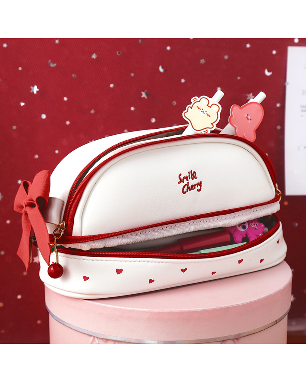 Cherry Pu Cute Pencil Case School Stationery Storage Bag Leather Cosmetic Bag Big Pen Case Gifts For Girl Pen Bag Kawai front-3