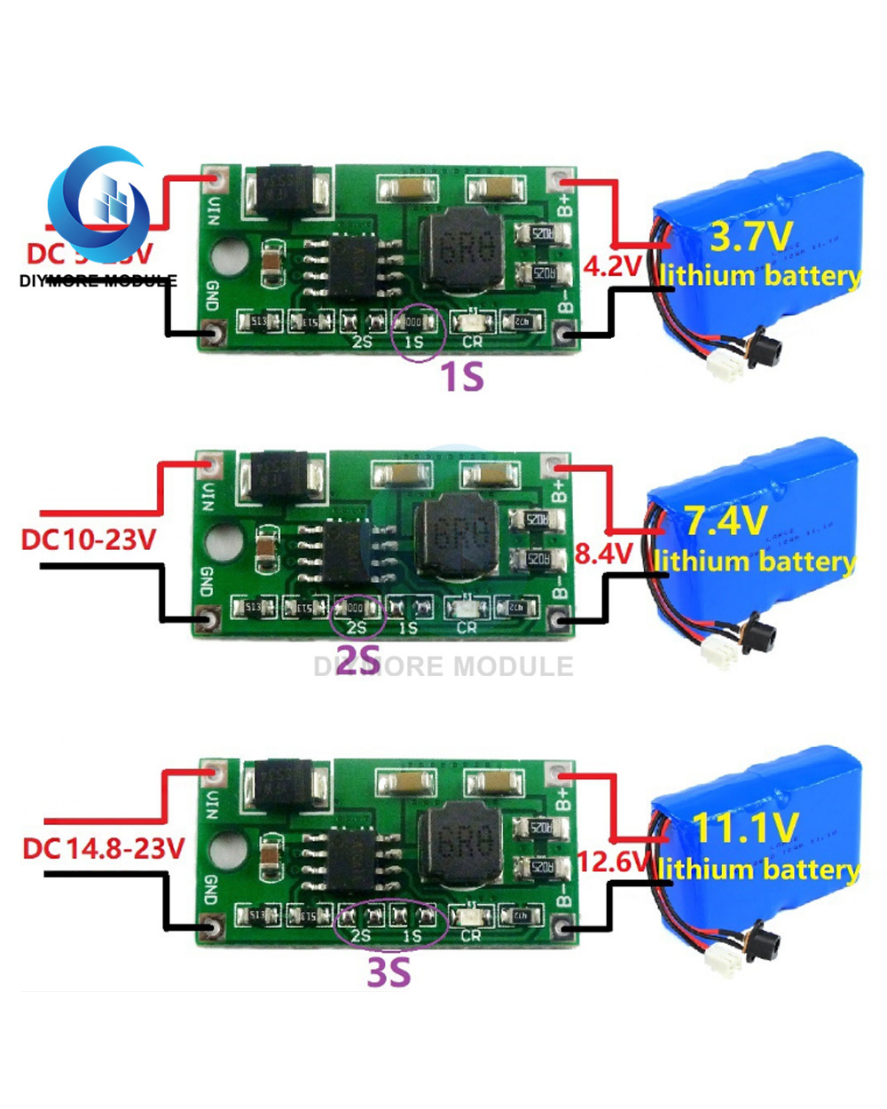 2A Multi-Cell Synchronous Buck Li-Ion Charger Dc 5-23V To 4.2V 8.4V 12.6V For 3.7V 7.4V 11.1V 18650 Lithium Battery front-0