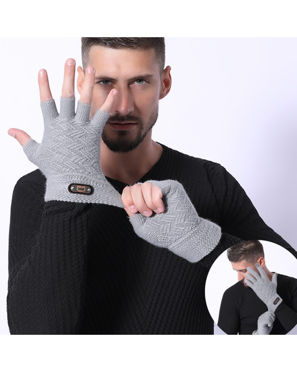Fashion Winter Acrylic Wool Plus Plush Thick Jacquard Knit Warm Half Finger Mittens Men Full Finger Touch Screen Gloves front-0