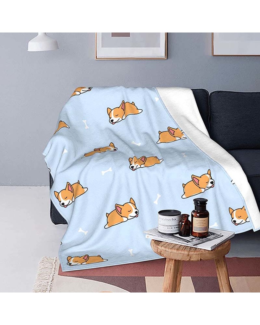 Corgi Cute Blue Plush Warm Bed Blanket Soft Throw Blanket Fits Couch Sofa Pet Blanket Lazy Blanket front-2