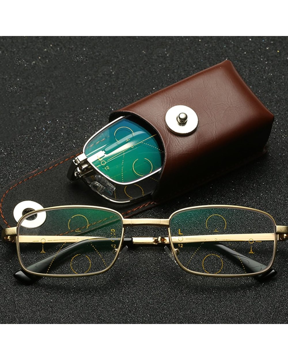 Folding Reading Glasses Portable Progressive Biofocal Eyewear Mens Parent Anti-Blue Ray Presbyopic Eyeglasses With Leat front-2